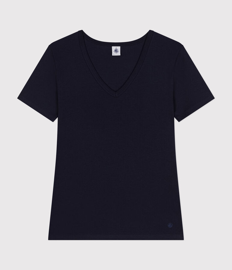 Kurz&auml;rmeliges Damen-T-Shirt L'ICONIQUE aus einfarbigem Rippstrick blau
