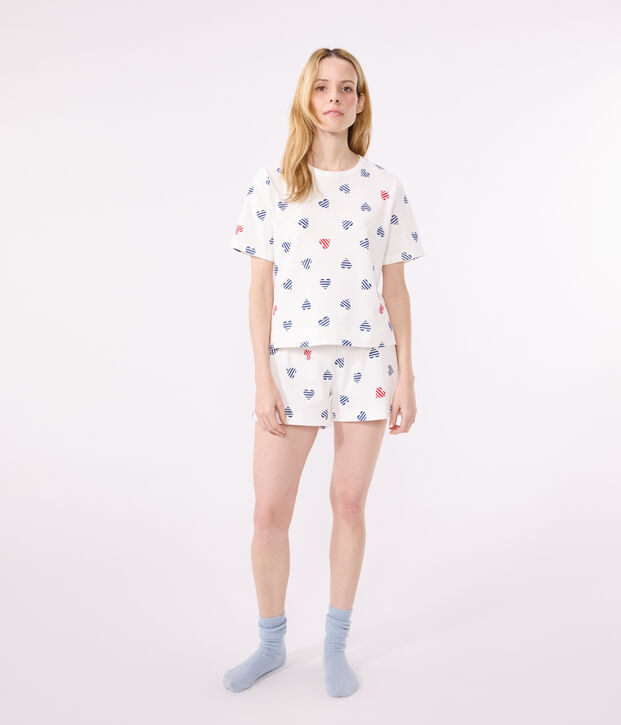 Damen-Kurzpyjama aus Baumwolle mit Herzmotiv weiss/vielfarbig