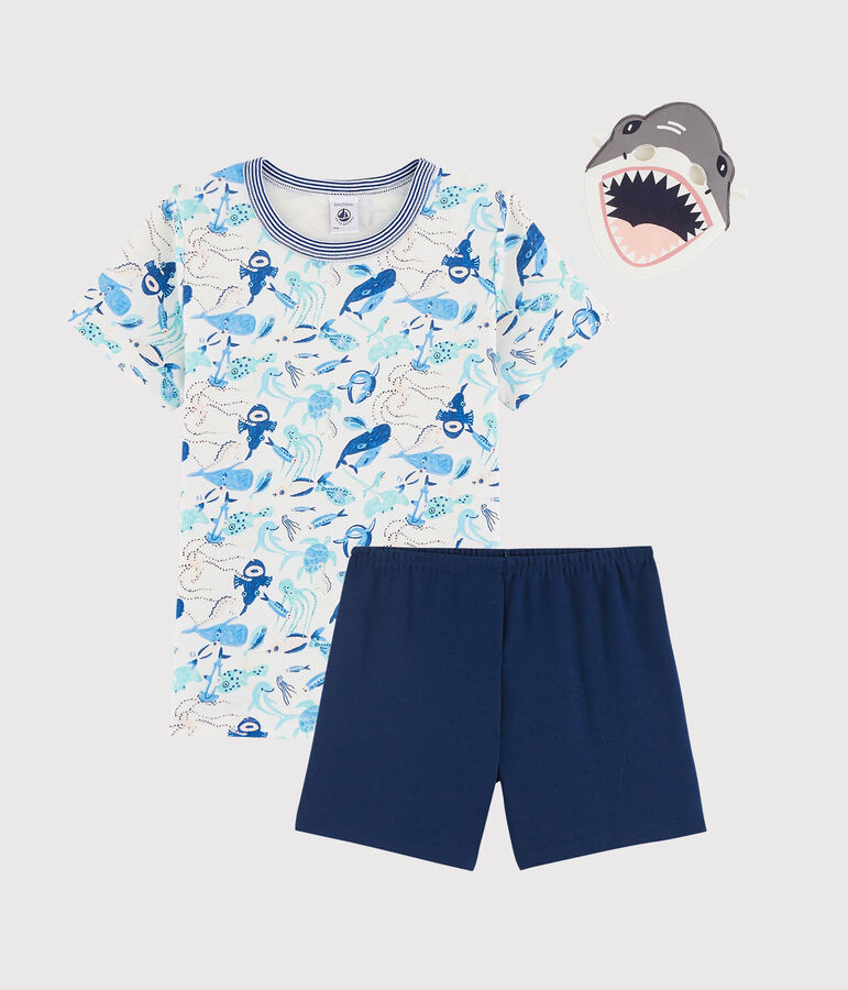 Kinder-Kurzpyjama mit Haikost&uuml;m aus Baumwolle weiss/vielfarbig