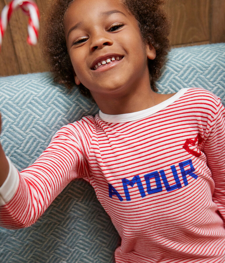 Kinderpyjama aus Nicki mit Streifen weiss/rot