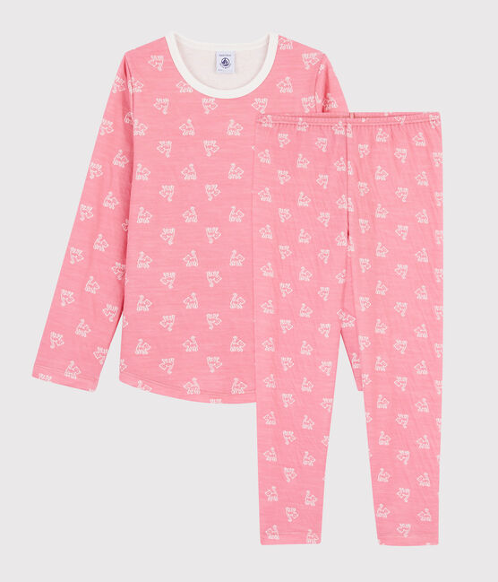 Jacquard-Pyjama aus Wolle/Baumwolle mit Katzenmotiv für Mädchen rosa CHEEK/weiss MARSHMALLOW