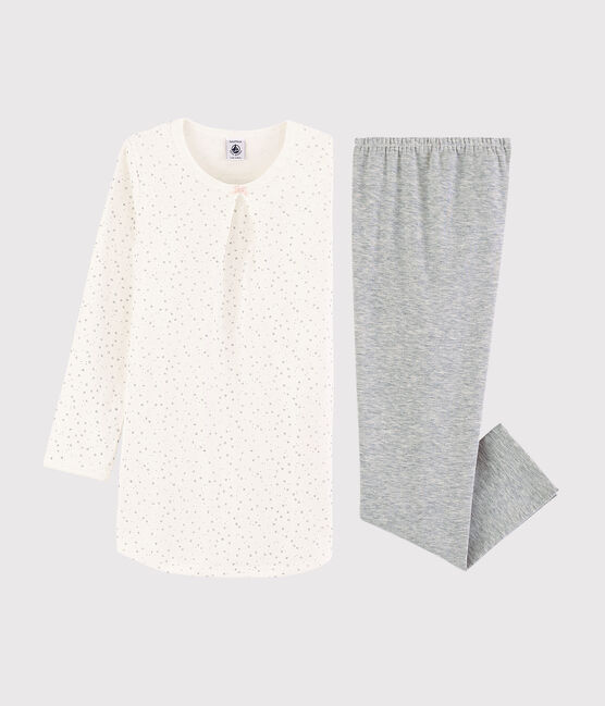 Sternen-Nachthemd und Leggings aus Doppeljersey für Mädchen weiss MARSHMALLOW/grau ARGENT