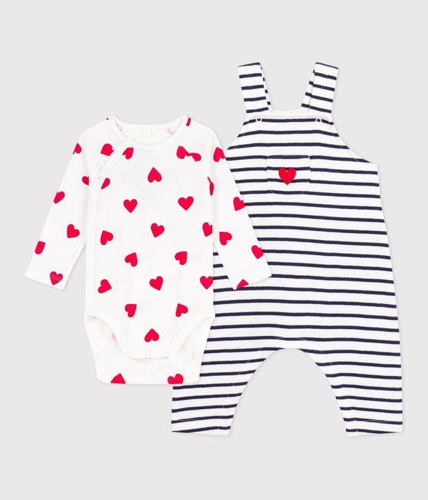 Baby-Set gestreifte Latzhose und Body mit Herzmotiven weiss/blau