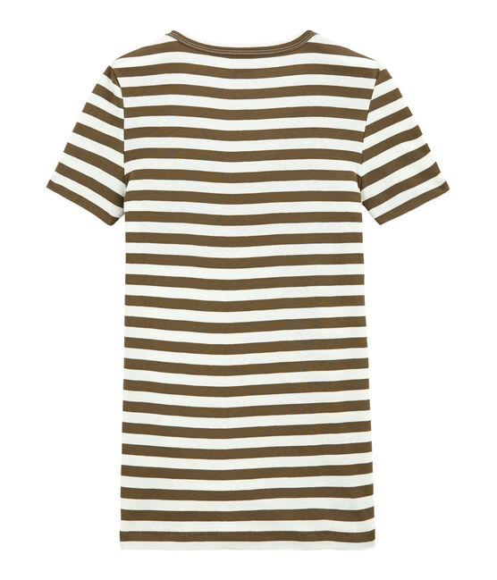 Gestreiftes Damen-T-Shirt mit V-Ausschnitt aus Original-Rippstrick braun SHITAKE/weiss MARSHMALLOW