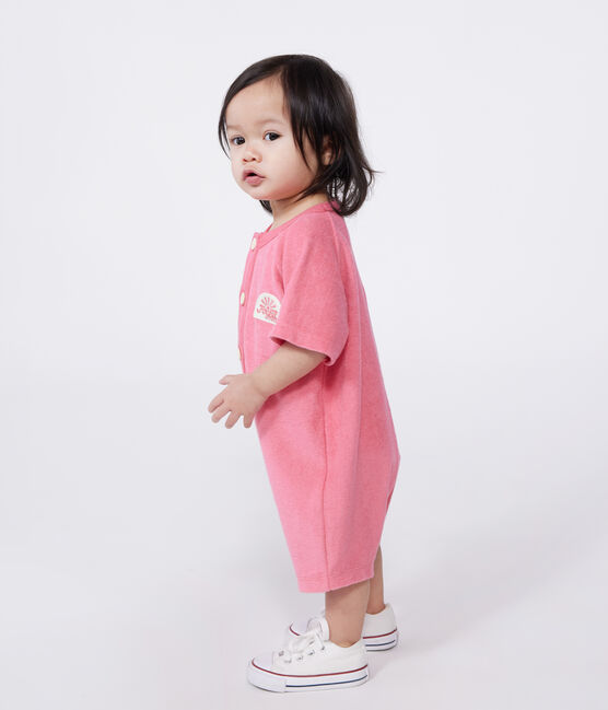 Baby-Kurzoverall aus einfarbigem Baumwoll-Frottee mit Aufnäher rosa PEONIA