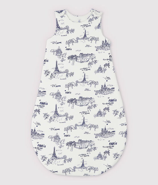 Baby-Schlafsack aus Rippstrick mit Paris-Motiv im Toile-de-Jouy-Stil weiss MARSHMALLOW/blau MEDIEVAL