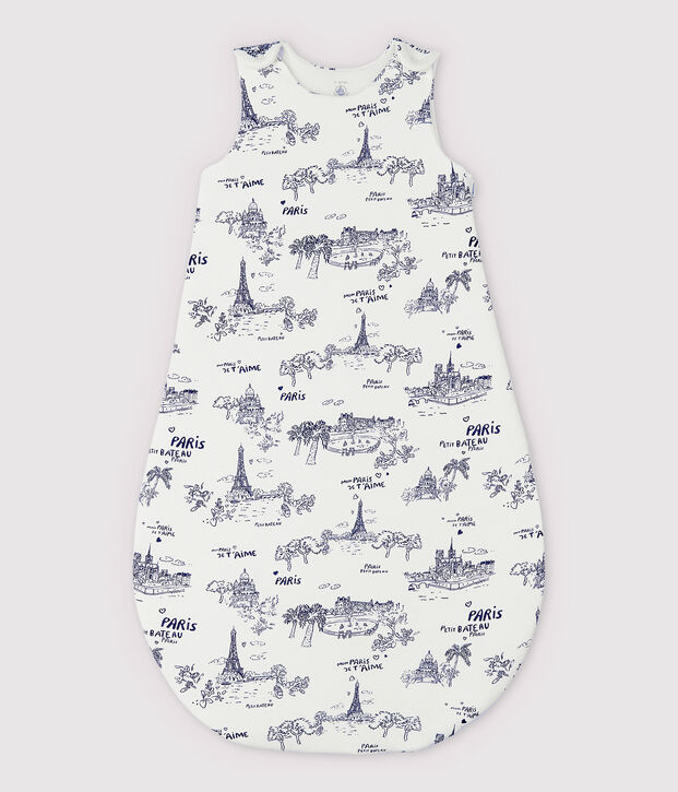 Baby-Schlafsack aus Rippstrick mit Paris-Motiv im Toile-de-Jouy-Stil weiss/blau