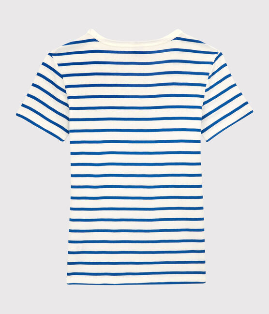 T-Shirt L’ICONIQUE mit V-Ausschnitt aus Bio-Baumwolle für Damen weiss MARSHMALLOW/blau DELFT