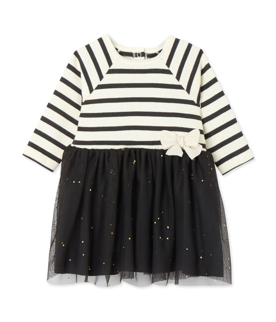 Baby-Mädchen-Kleid im Materialmix beige COQUILLE/grau CAPECOD