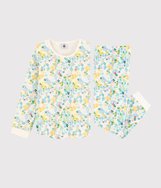 Kinderpyjama aus Molton mit Blumenmotiv im Aquarell-Stil für Mädchen weiss MARSHMALLOW/weiss MULTICO