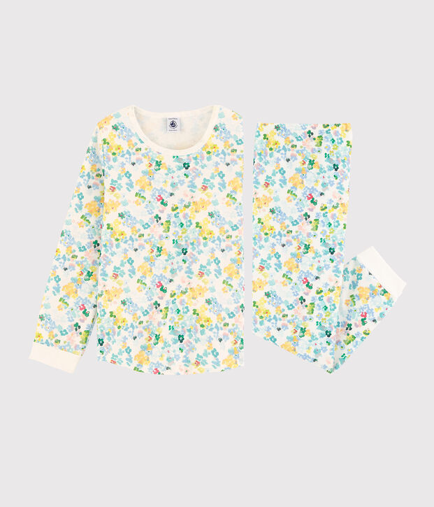 Kinderpyjama aus Molton mit Blumenmotiv im Aquarell-Stil f&uuml;r M&auml;dchen weiss/vielfarbig