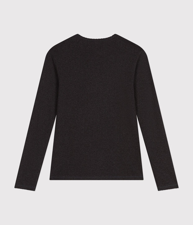 Lang&auml;rmeliges Damen-T-Shirt L'Iconique mit M&auml;usez&auml;hnchenkante aus einfarbigem Rippstrick grau
