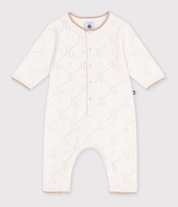 Langer Baby-Overall aus Baumwollstrick mit Lochstickerei MILK