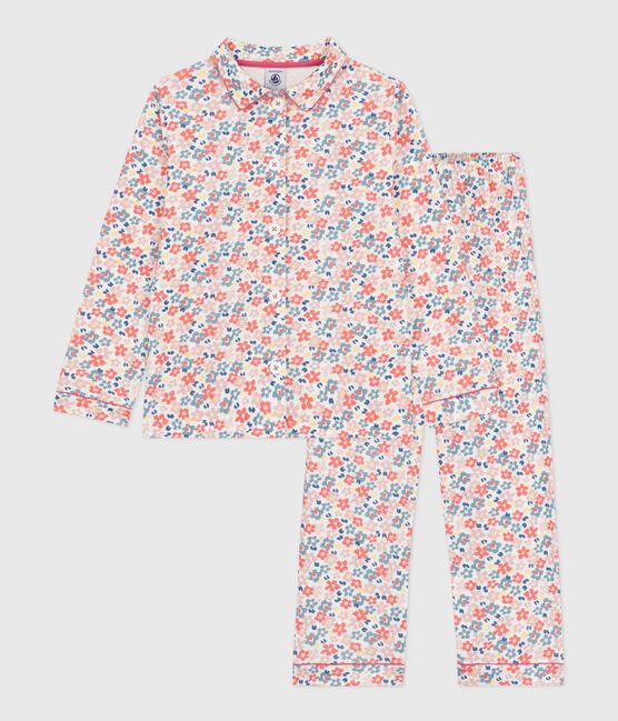 Kinder-Pyjama mit Knopfverschluss aus bedruckter Baumwolle weiss MARSHMALLOW/weiss MULTICO