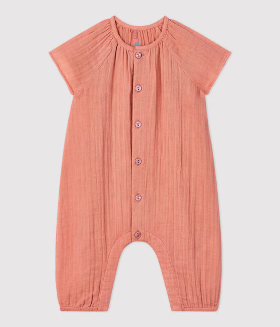 Einfarbiger langer Baby-Overall aus Bio-Baumwollgaze rosa PAPAYE