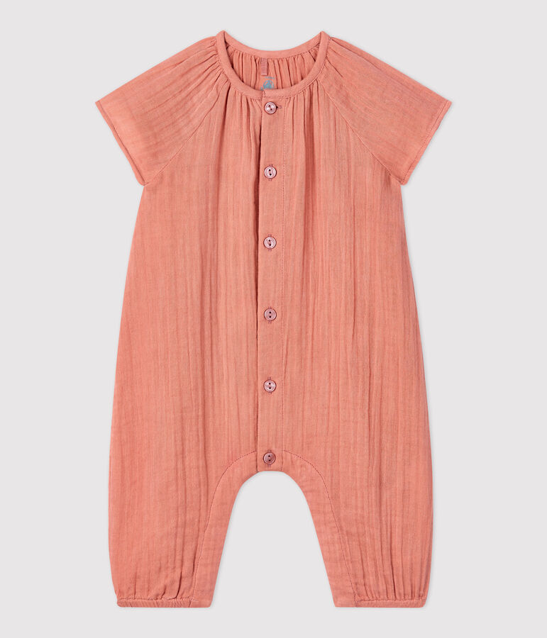Einfarbiger langer Baby-Overall aus Bio-Baumwollgaze rosa PAPAYE