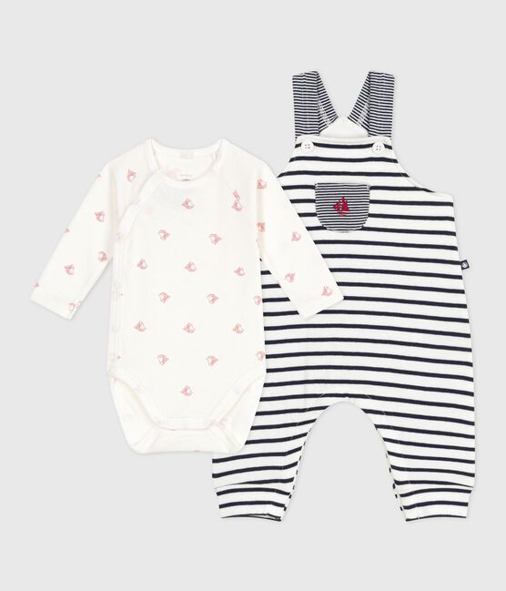Baby-Set Latzhose mit Marinestreifen und gemusterter Body weiss MARSHMALLOW/blau SMOKING