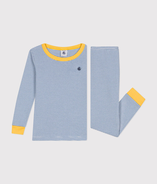 Eng anliegender Kinder-Pyjama aus gestreifter Baumwolle blau/weiss