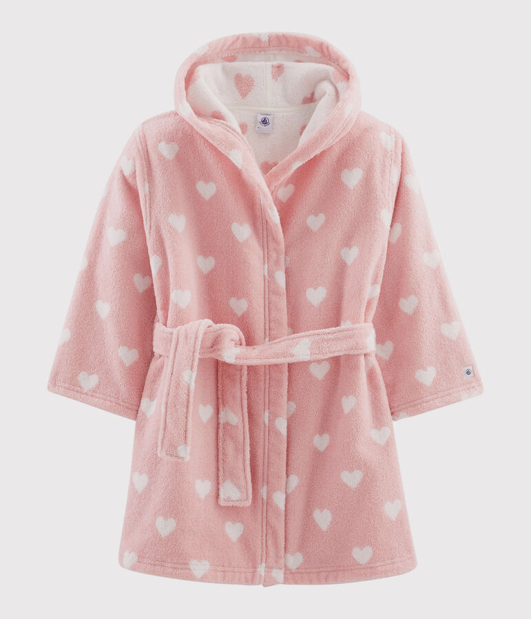 Frottee-Bademantel mit Herzchen-Muster f&uuml;r M&auml;dchen rosa/weiss