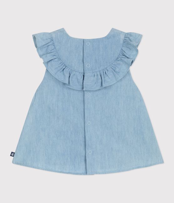 Ärmellose Baby-Bluse aus besticktem Chambray-Baumwollstoff blau BLEU CLAIR