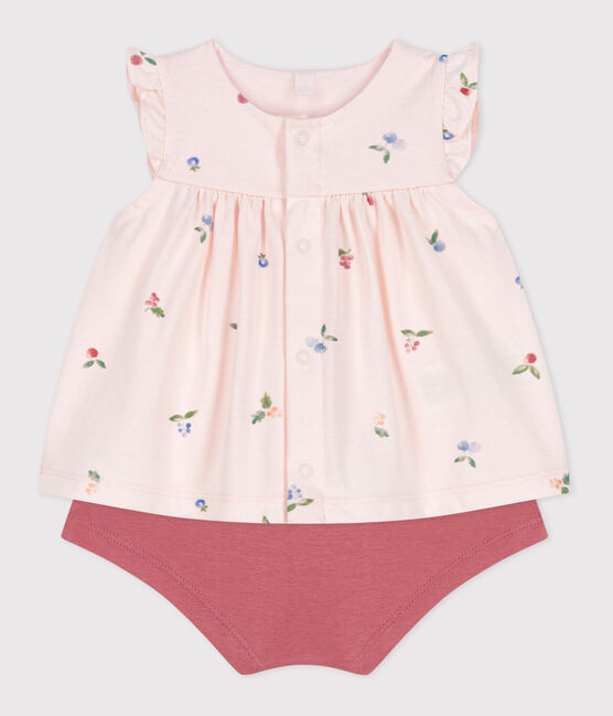 2-teiliges Newborn-Set aus Baumwolle mit Rüschenbluse rosa FLEUR/weiss MULTICO