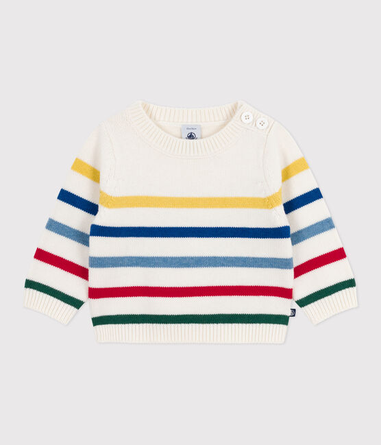 Baby-Pullover aus Wolle und Baumwolle mit bunten Streifen weiss MARSHMALLOW/weiss MULTICO