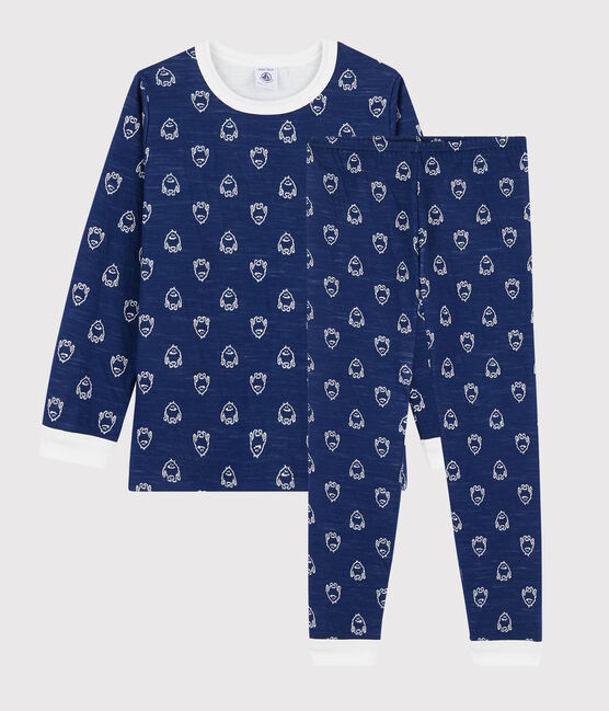 Jacquard-Pyjama mit Yetimotiv aus Wolle/Baumwolle für Jungen blau MEDIEVAL/weiss MARSHMALLOW