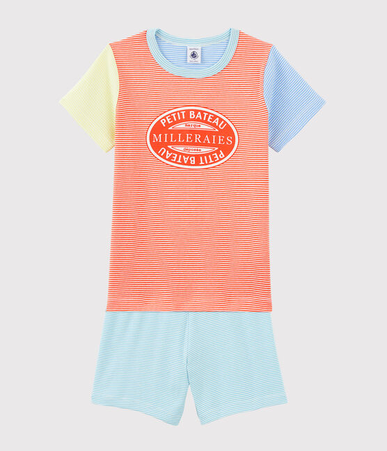 Kinder-Kurzpyjama aus Baumwolle mit bunten Milleraies-Streifen für Jungen orange BRAZILIAN/naturfarben MULTICO
