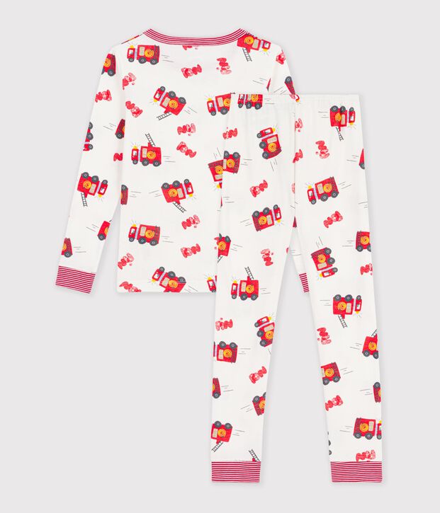 Eng anliegender Kinder-Pyjama aus Baumwolle mit Feuerwehr-Motiv weiss/vielfarbig