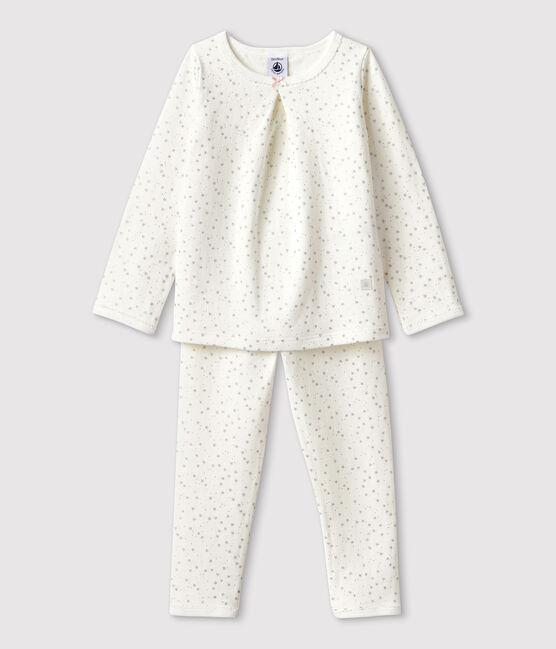 Kinderpyjama aus Doppeljersey mit Sternen für Mädchen weiss MARSHMALLOW/grau ARGENT