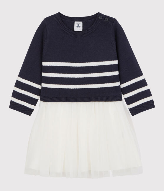 Baby-Kleid aus Wolle und Baumwolle für Mädchen blau SMOKING/weiss MARSHMALLOW