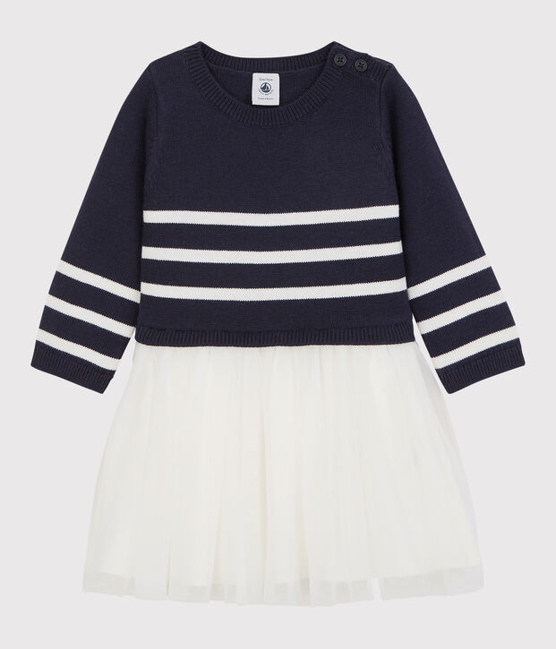 Baby-Kleid aus Wolle und Baumwolle f&uuml;r M&auml;dchen blau/weiss