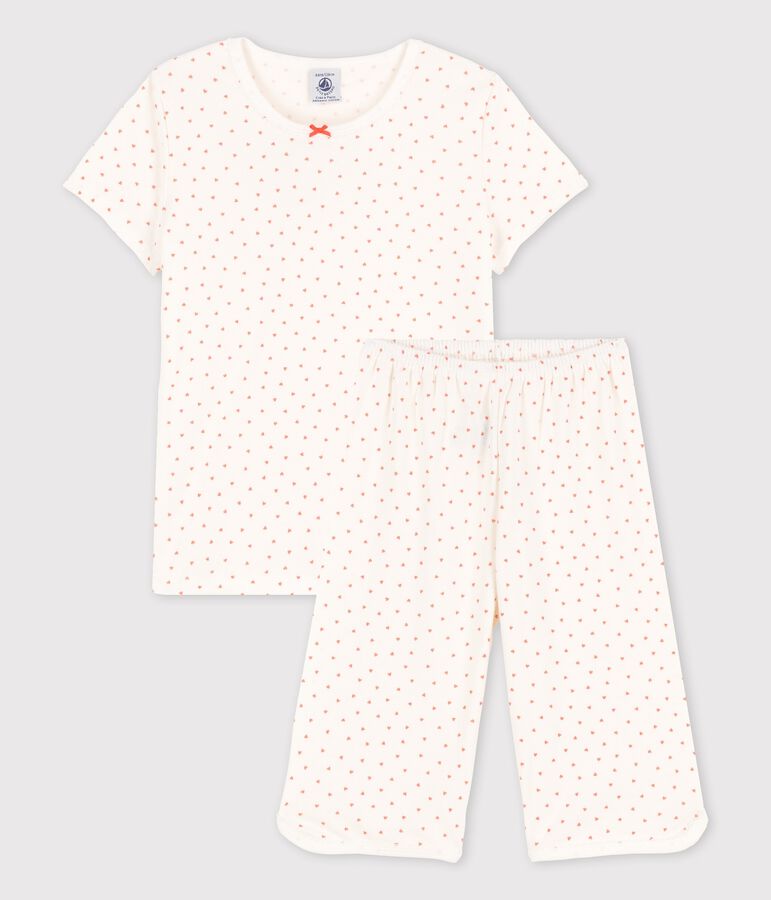 Kinderpyjama aus Baumwolle mit kleinen Herzen f&uuml;r M&auml;dchen weiss MARSHMALLOW/ PAPAYE