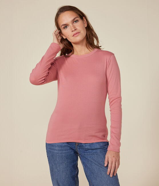 Langärmeliges Damen-T-Shirt L'Iconique aus einfarbigem Rippstrick rosa ROSEWOOD