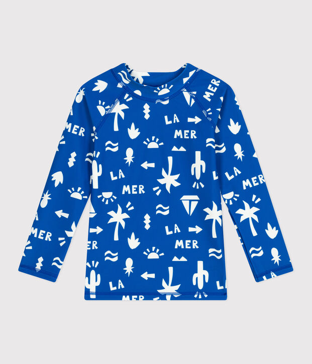 Lang&auml;rmeliges Kinder Bade-T-Shirt mit UV-Schutz und Printmotiv blau/weiss