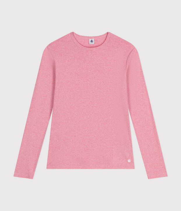 Lang&auml;rmeliges Damen-T-Shirt L'Iconique mit M&auml;usez&auml;hnchenkante aus einfarbigem Rippstrick rosa