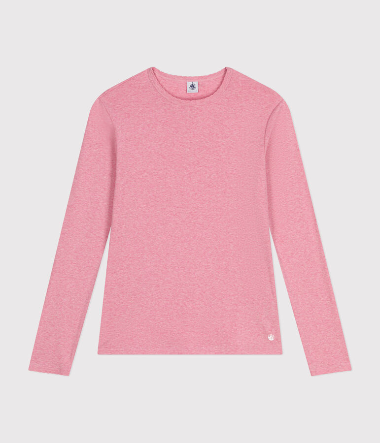 Lang&auml;rmeliges Damen-T-Shirt L'Iconique mit M&auml;usez&auml;hnchenkante aus einfarbigem Rippstrick rosa