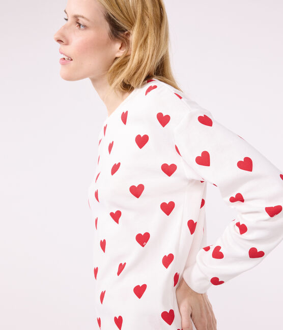 Damenpyjama aus Baumwolle, mit Herzchen weiss MARSHMALLOW/rot TERKUIT