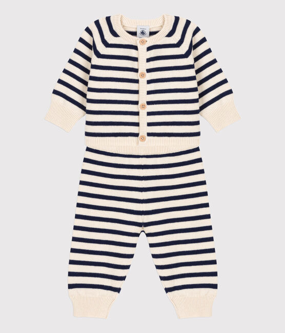 Zweiteiliges Baby-Set aus Woll- und Baumwoll-Strick mit Marinestreifen weiss AVALANCHE/blau SMOKING