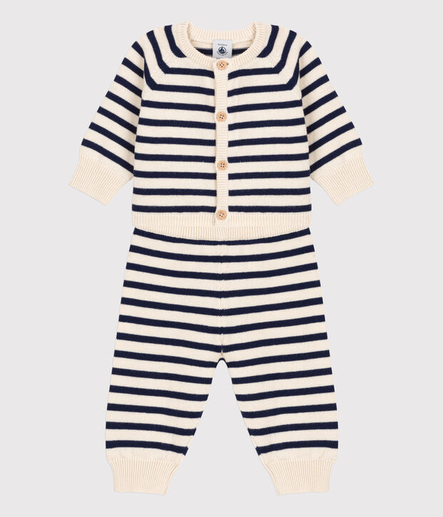 Zweiteiliges Baby-Set aus Woll- und Baumwoll-Strick mit Marinestreifen naturfarben/blau