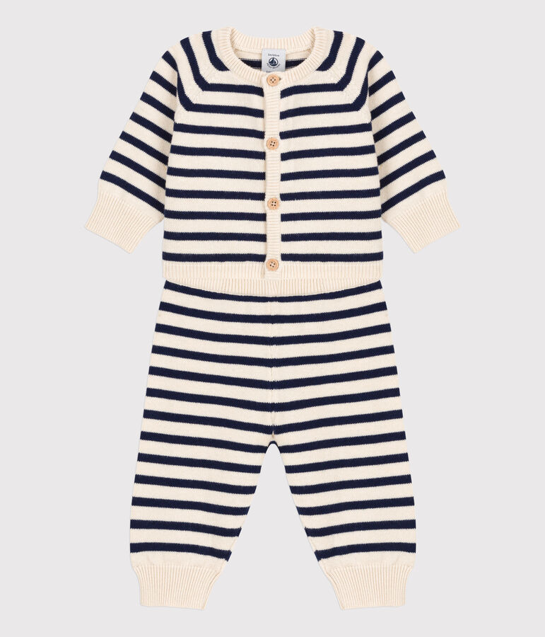 Zweiteiliges Baby-Set aus Woll- und Baumwoll-Strick mit Marinestreifen naturfarben/blau