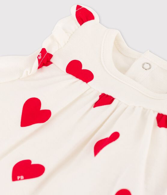 Baby-Body-Kleid aus Bio-Baumwolle mit Herzmuster für Mädchen weiss MARSHMALLOW/rot TERKUIT
