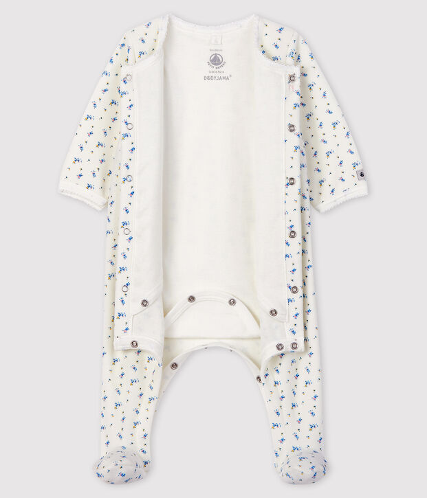 Baby-Bodyjama aus Velours mit Bl&uuml;mchen-Motiv f&uuml;r M&auml;dchen weiss/vielfarbig
