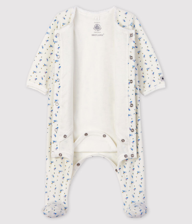 Baby-Bodyjama aus Velours mit Bl&uuml;mchen-Motiv f&uuml;r M&auml;dchen weiss MARSHMALLOW/weiss MULTICO