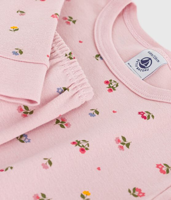 Kinder-Pyjama aus Baumwolle mit eng anliegenden Beinen und Blumenmotiv rosa JOLI/weiss MULTICO