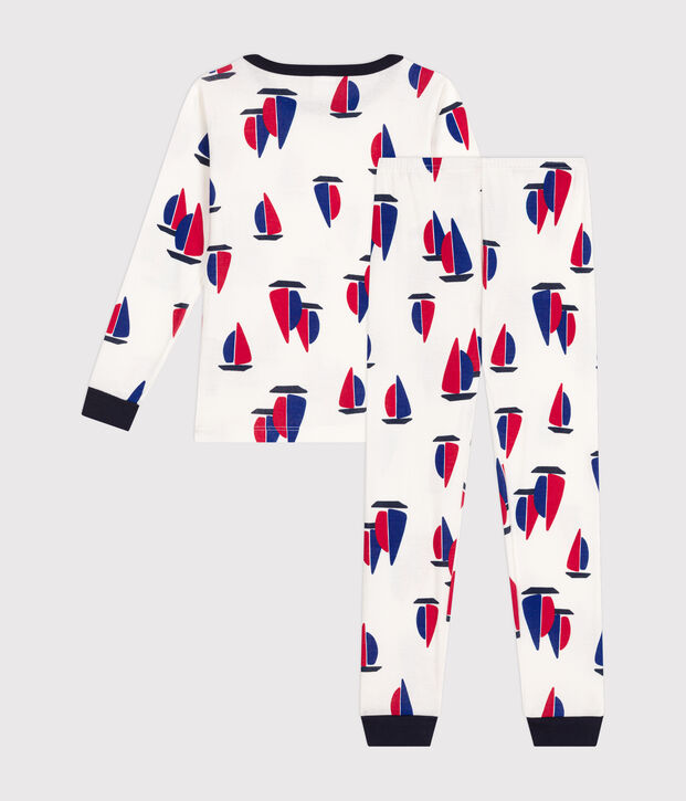 Eng anliegender Kinder-Pyjama aus Baumwolle mit Schiffchen-Motiv weiss/vielfarbig