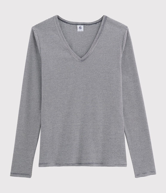 Damen-T-Shirt aus Baumwolle mit V-Ausschnitt blau SMOKING/weiss MARSHMALLOW