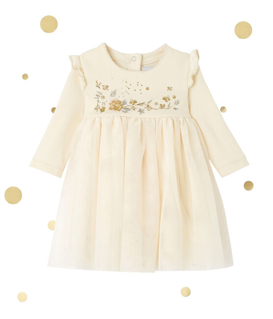 Robe bébé fille bi matière brodée beige COQUILLE