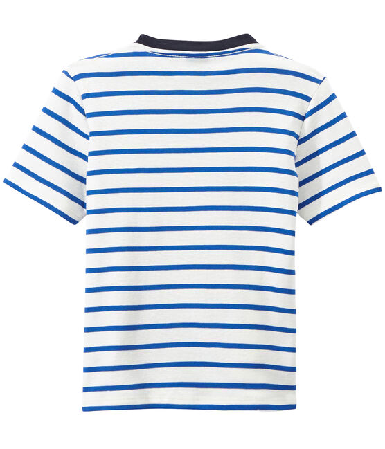 Bedrucktes Jungen-T-Shirt mit Streifen weiss MARSHMALLOW/blau PERSE