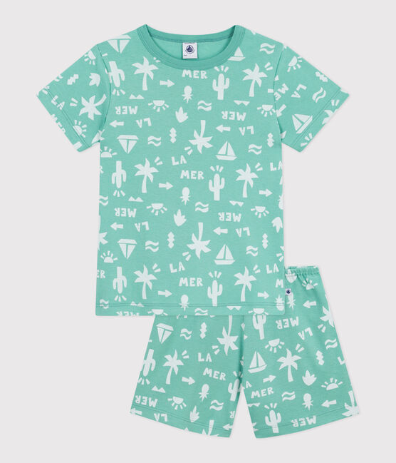 Kinder-Kurzpyjama aus bedruckter Baumwolle grün ALOEVERA/weiss MARSHMALLOW